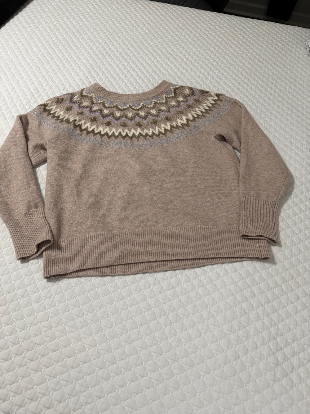 Chico's Taupe Fair Isle Yoke Crewneck Sweater